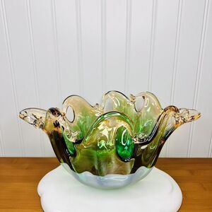 RARE Murano Green & Honey Amber 12” Art Glass Wave Bowl Center Piece BEAUTIFUL